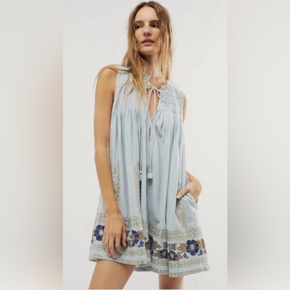 free people embroidered denim dress Women Casual Embroidered Linen Round Neck Loose Fit Dress – Babakud main image 1